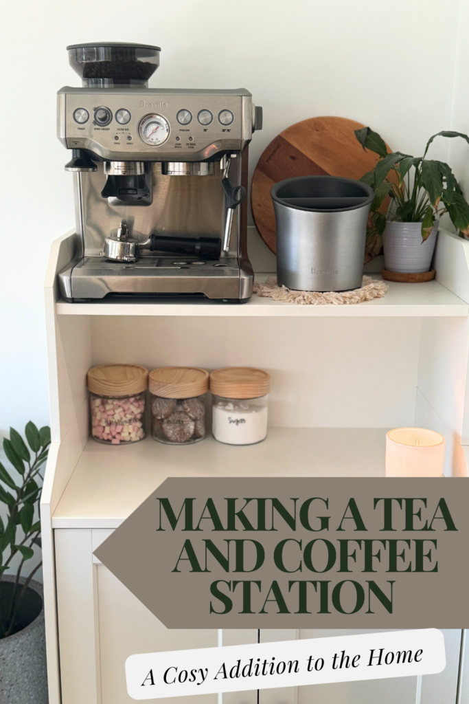 Pinterest image with a tea and coffee station