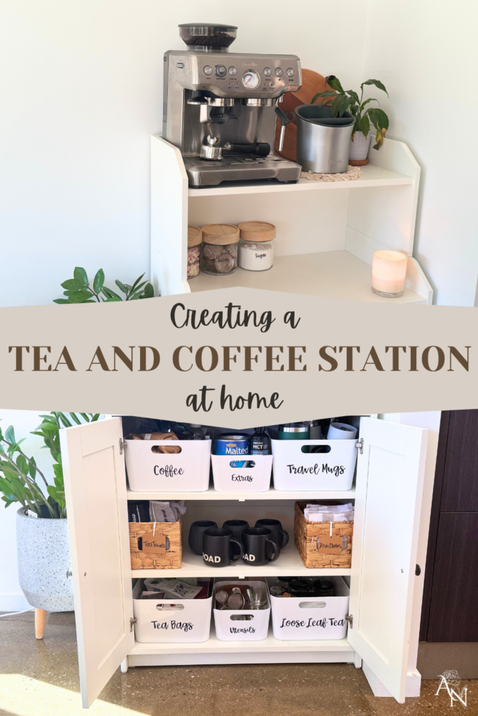 Pinterest image showing the organised tubs of a tea and coffee station
