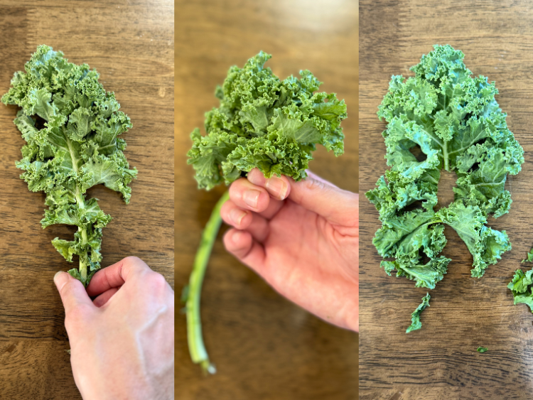 Three images showing how to de-stem kale