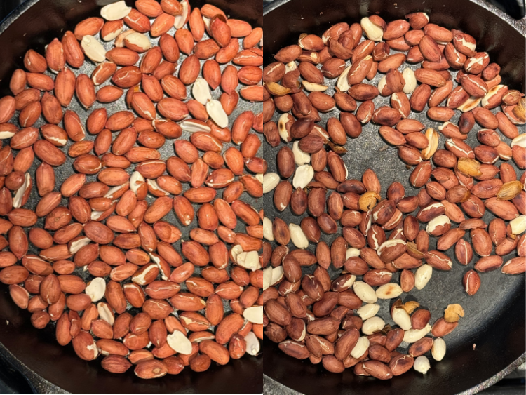 Non-roasted peanuts in pan versus roasted peanuts with skin on 