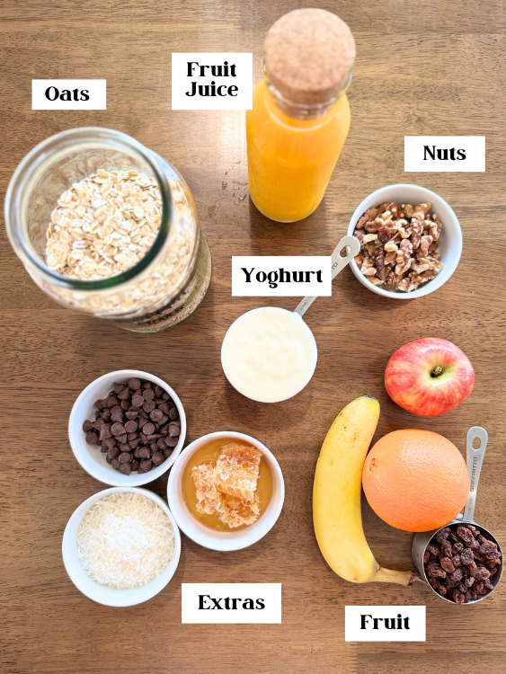 Labelled Ingredients, oats, fruit juice, nuts, yoghurt, fruit, extras
